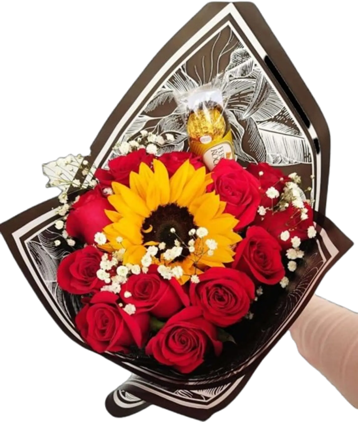 Bouquet de 12 Rosas con Girasol y Chocolatex3 1