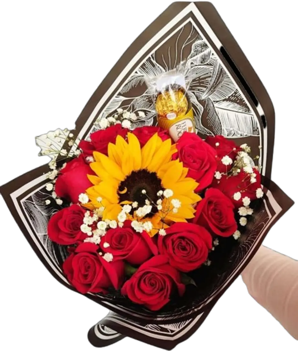 Bouquet de 12 Rosas con Girasol y Chocolatex3 1