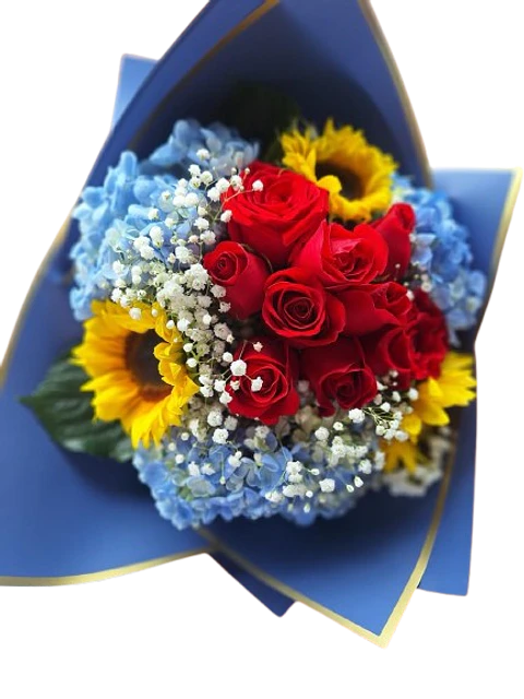 Bouquet de Hortensias, Rosas y Girasol