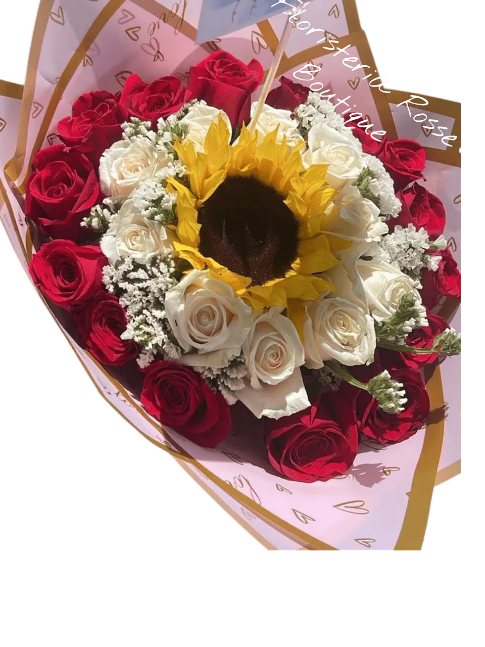 Bouquet de un Girasol con 12 Rosas Blancas 15 Rosas Rojas 1