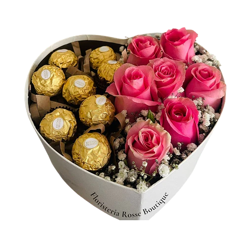 Caja Corazón de 8 Rosas y 8 Chocolates