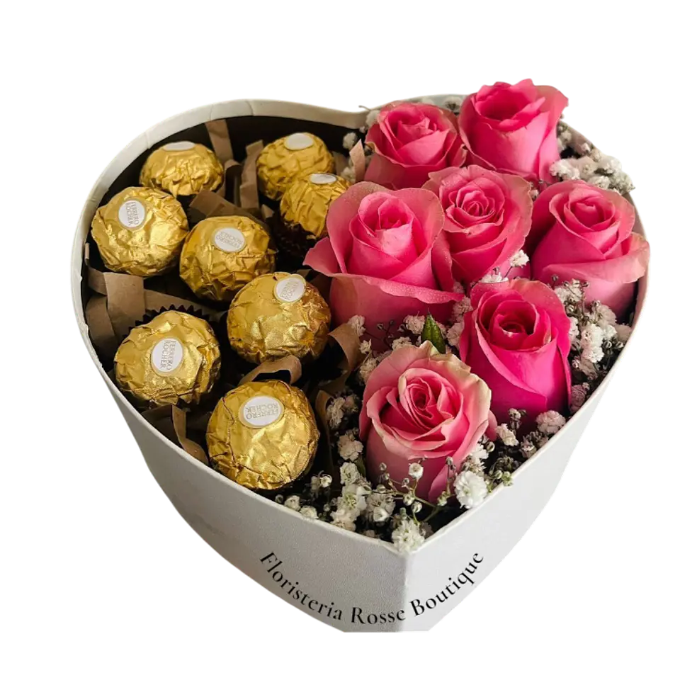 Caja Corazón de 8 Rosas y 8 Chocolates 1