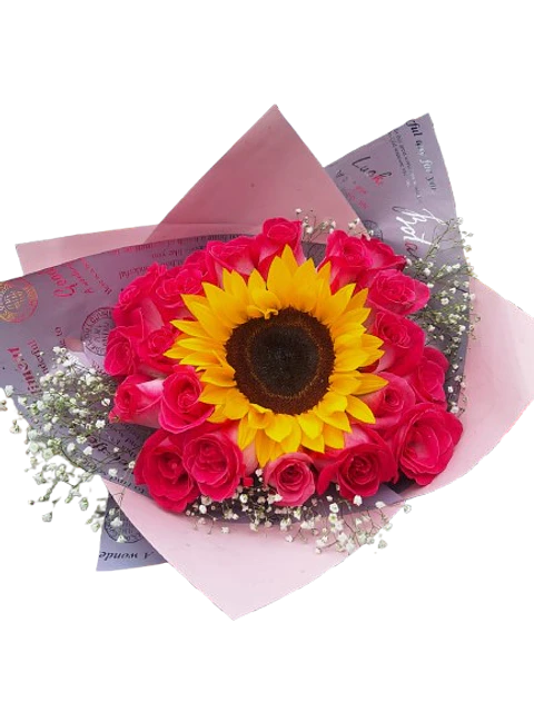 Bouquet de 18 Rosas Fucsias y Girasol