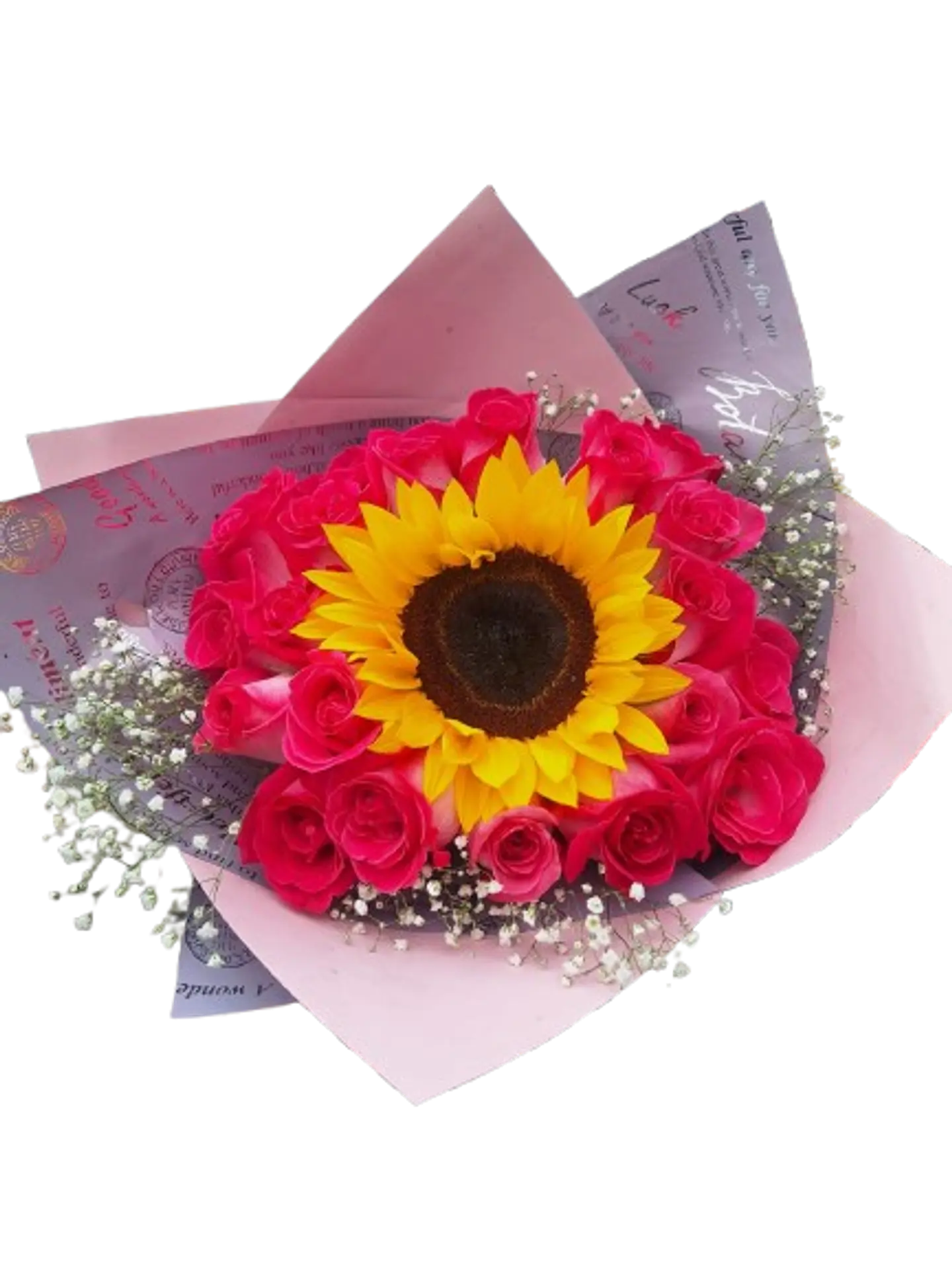 Bouquet de 18 Rosas Fucsias y Girasol 1