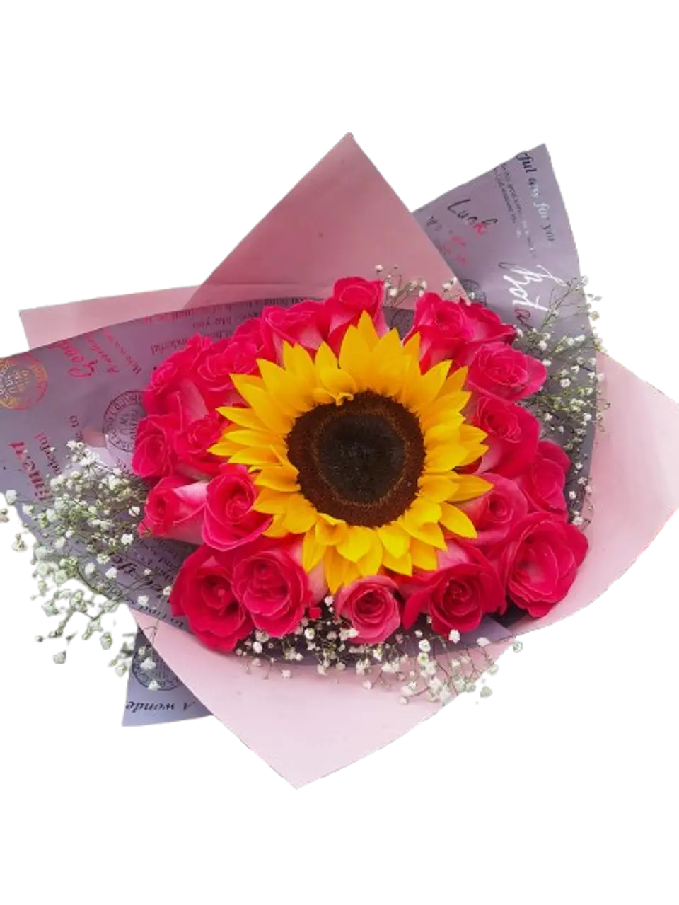 Bouquet de 18 Rosas Fucsias y Girasol 1