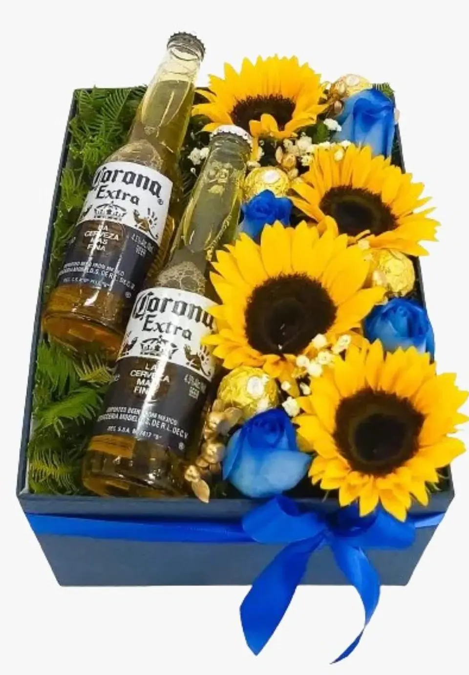 Caja Cuadrada de Madera con 4 Girasoles 4 Chocolates y 2 Cervezas 1