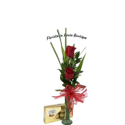 Jarrón Solitario con 2 Rosas Rojas y Chocolatesx8