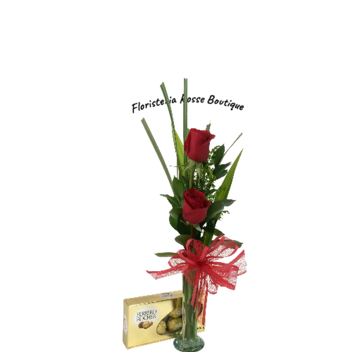 Jarrón Solitario con 2 Rosas Rojas y Chocolatesx8 1