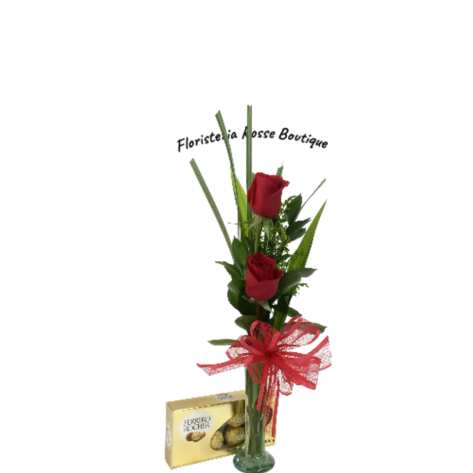 Jarrón Solitario con 2 Rosas Rojas y Chocolatesx8 1