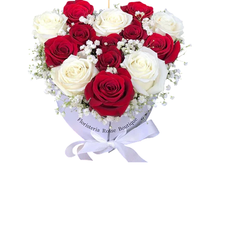 Caja Corazón de 6 Rosas Rojas y 6 Rosas Blancas