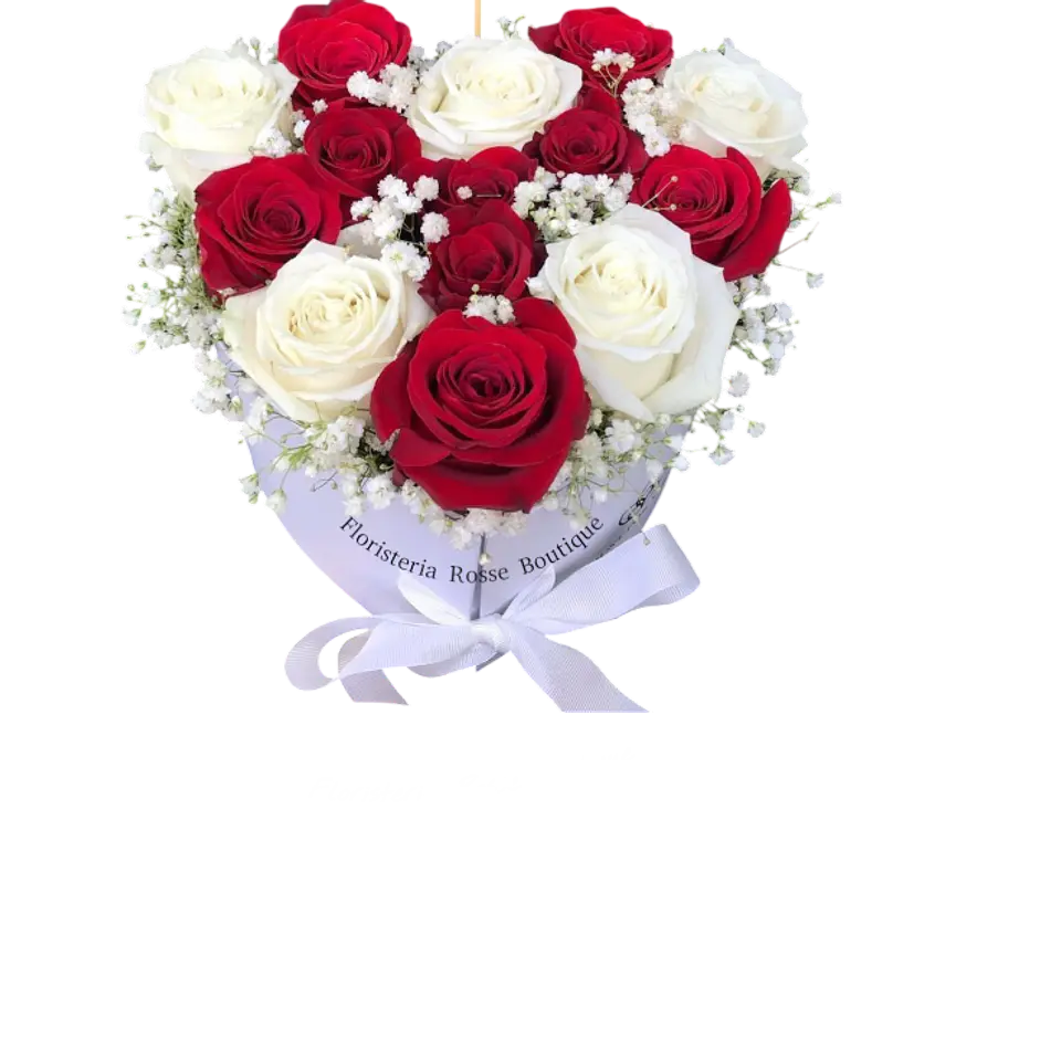 Caja Corazón de 6 Rosas Rojas y 6 Rosas Blancas 1