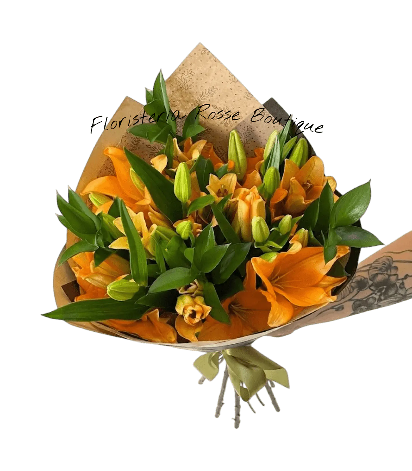 Bouquet de 5 Lirios Naranjas y Rusco 1