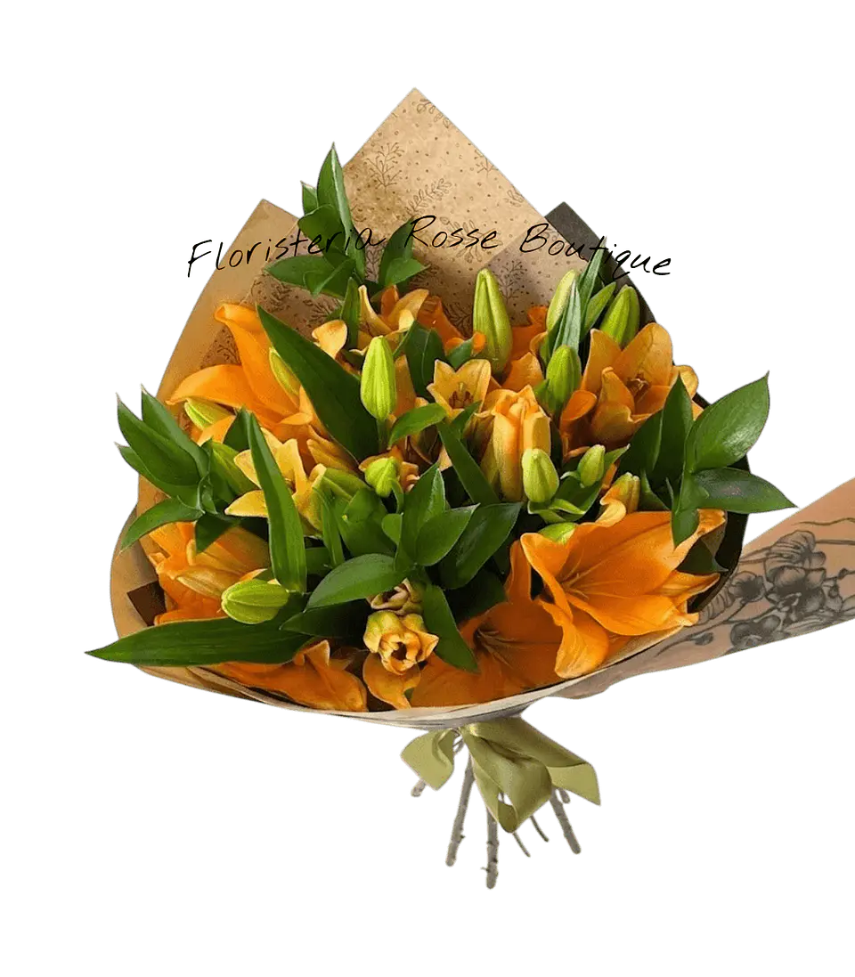 Bouquet de 5 Lirios Naranjas y Rusco 1