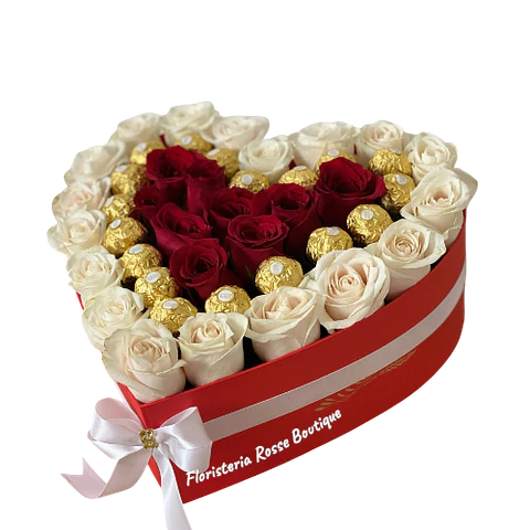Caja Corazón 24 Rosas Blancas, 12 Rosas Rojas y 18 Chocolates