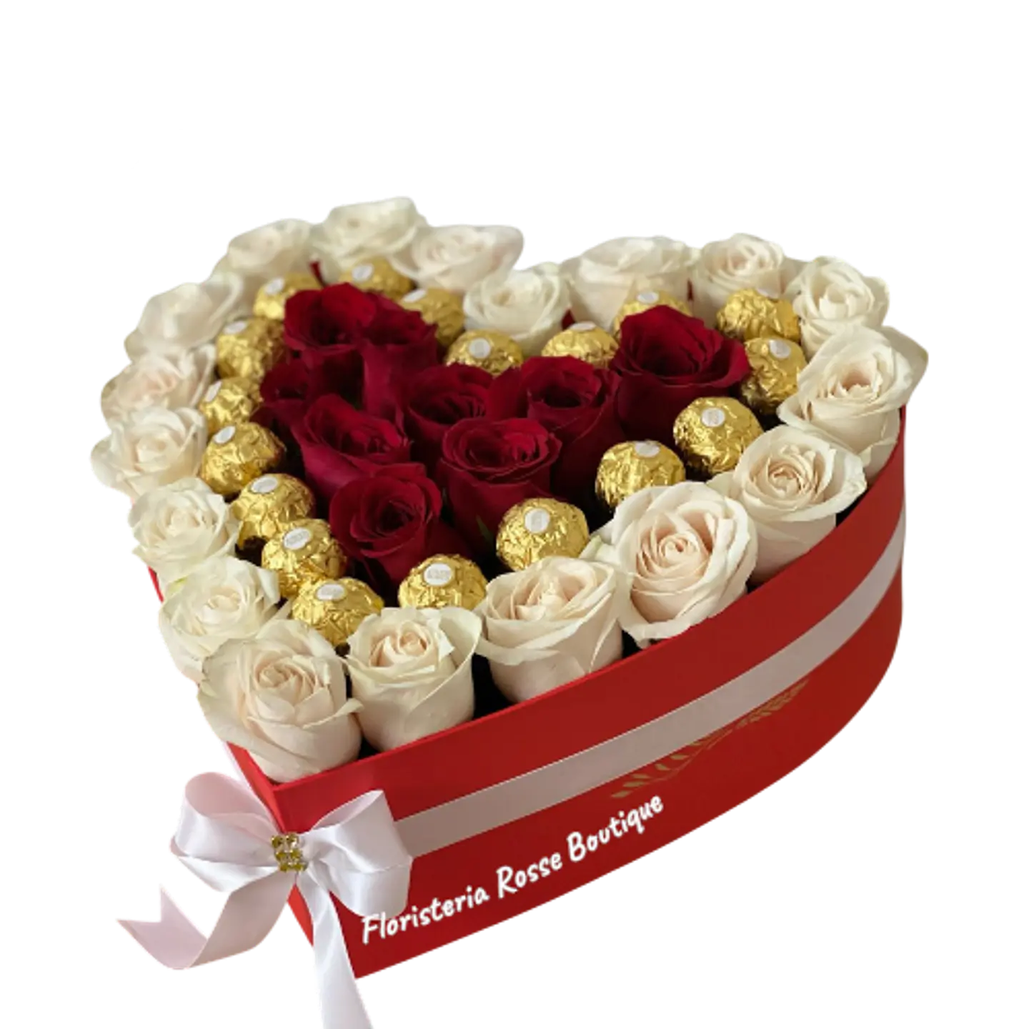 Caja Corazón 24 Rosas Blancas, 12 Rosas Rojas y 18 Chocolates 1