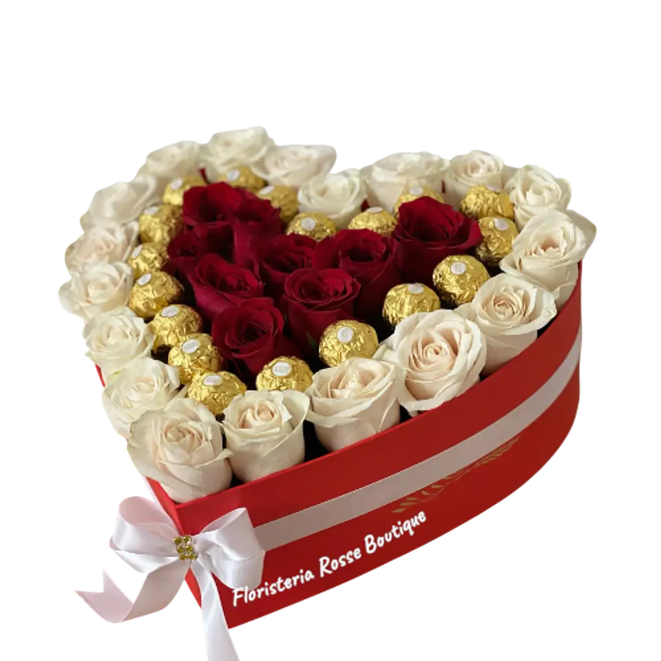 Caja Corazón 24 Rosas Blancas, 12 Rosas Rojas y 18 Chocolates 1