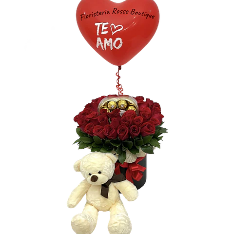 Cilindro 24 Rosas Rojas con Peluche, Chocolate X8 y Globo