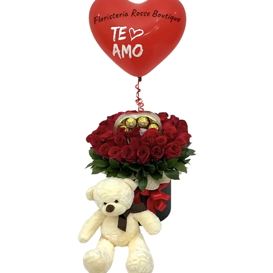 Cilindro 24 Rosas Rojas con Peluche, Chocolate X8 y Globo 1
