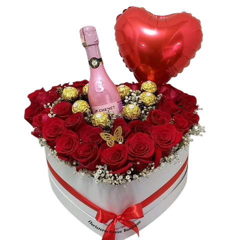 Caja Corazón de 24 Rosas Rojas, 8 Chocolates, Jp y Globo