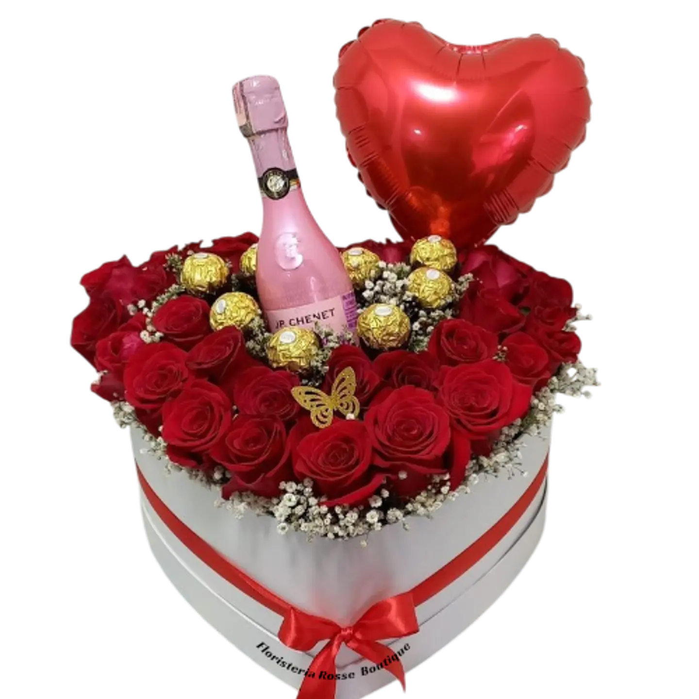 Caja Corazón de 24 Rosas Rojas, 8 Chocolates, Jp y Globo 1