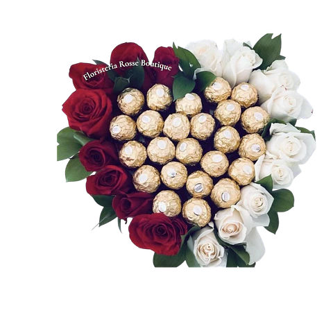 Caja Corazón 10 Rosas Rojas, 10 Rosas Blancas y 24 Chocolates