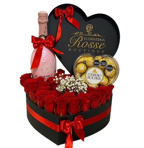 Corazón Negro de 24 Rosas Rojas Chocolatex8 y Jp 200ml