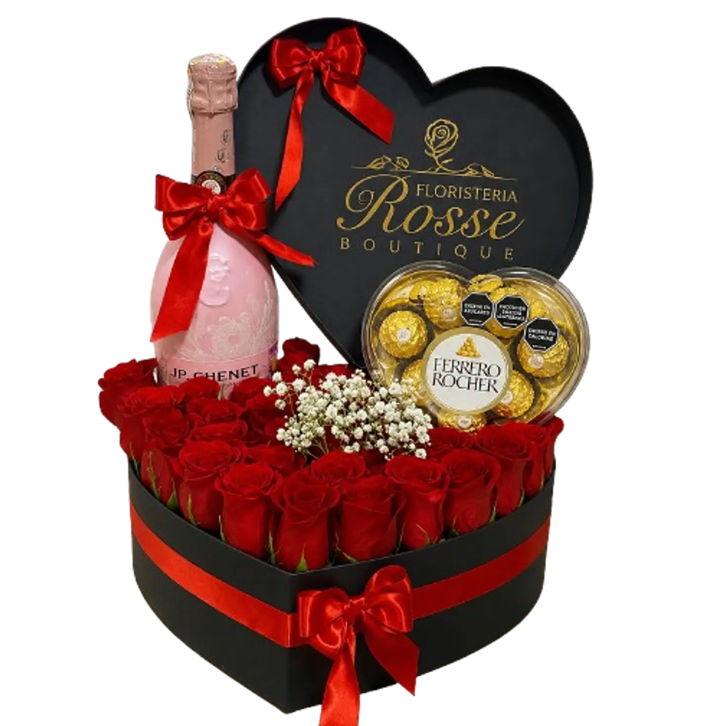 Corazón Negro de 24 Rosas Rojas Chocolatex8 y Jp 200ml 1