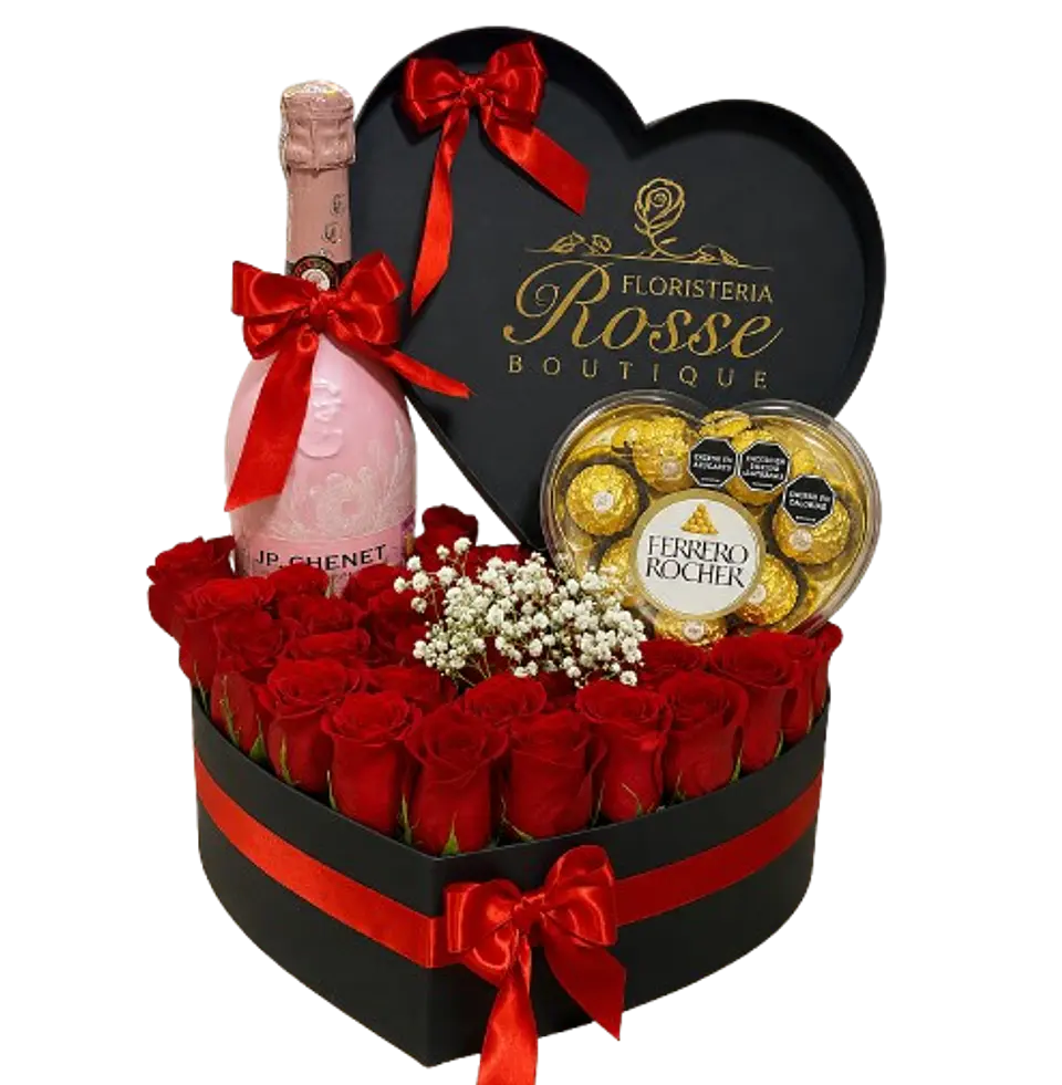 Corazón Negro de 24 Rosas Rojas Chocolatex8 y Jp 200ml 1