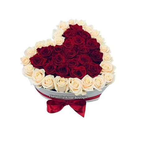 Caja Corazón de 24 Rosas Blancas y 24 Rosas Rojas