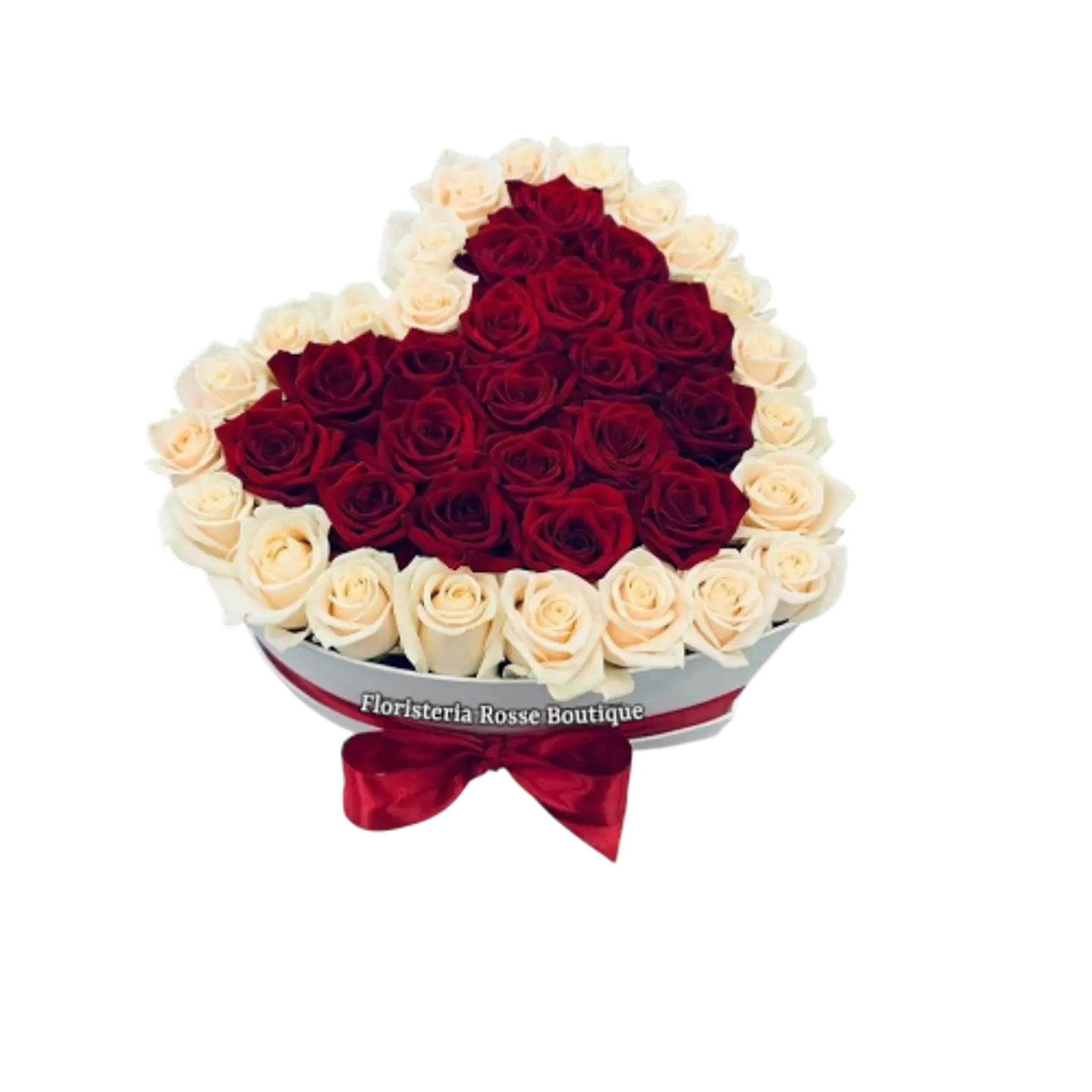 Caja Corazón de 24 Rosas Blancas y 24 Rosas Rojas 1