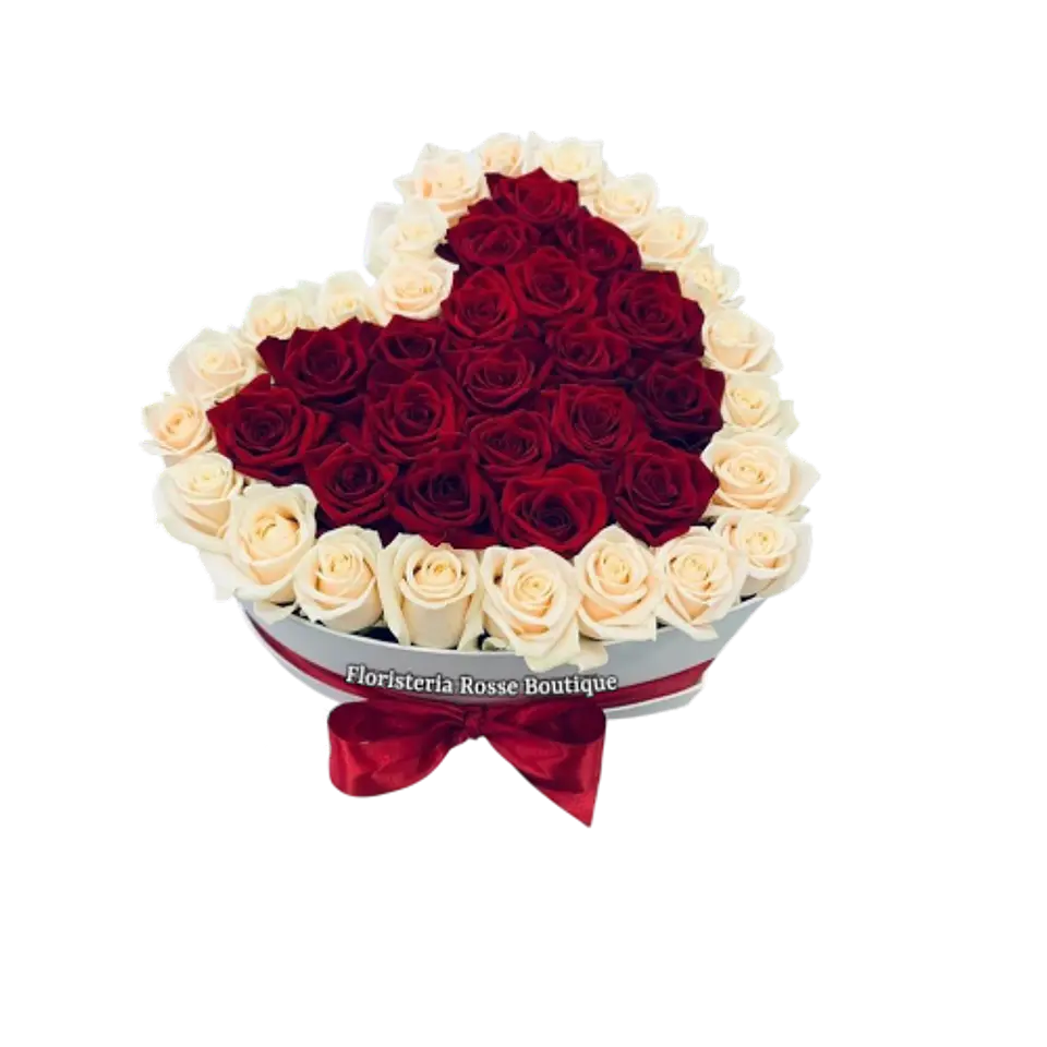 Caja Corazón de 24 Rosas Blancas y 24 Rosas Rojas 1