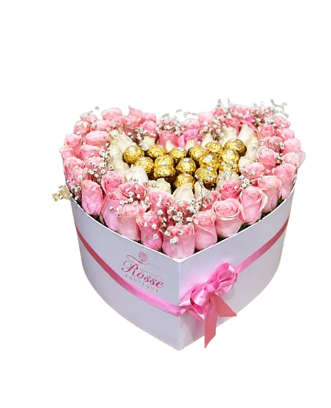 Caja de 24 Rosas Rosadas 20 Rosas Blancas y 15 Chocolates Ferrero