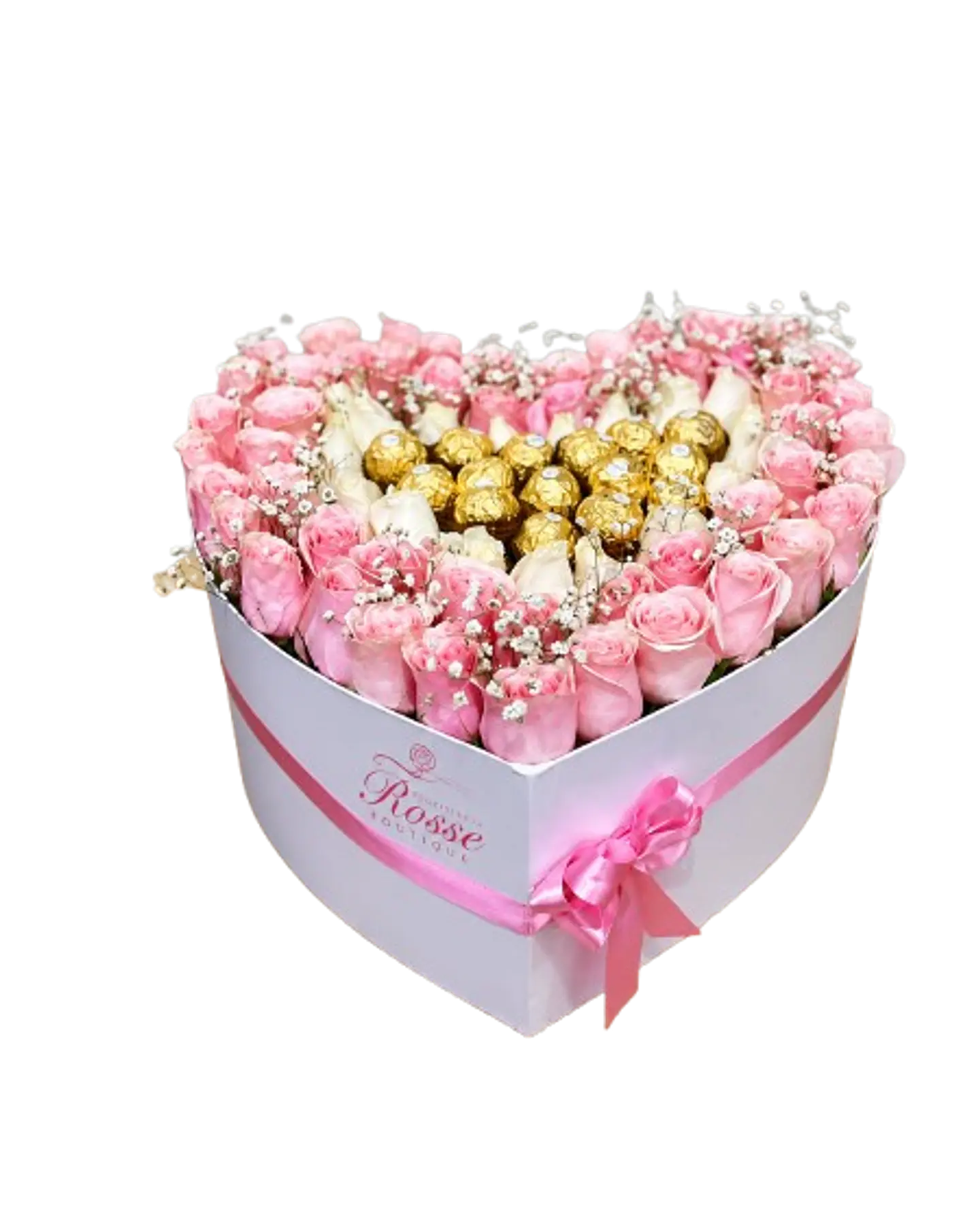 Caja de 24 Rosas Rosadas 20 Rosas Blancas y 15 Chocolates Ferrero 1