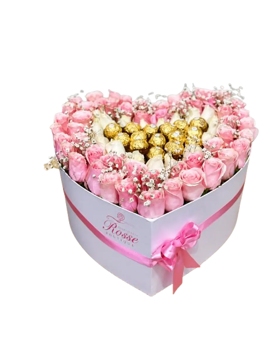 Caja de 24 Rosas Rosadas 20 Rosas Blancas y 15 Chocolates Ferrero 1
