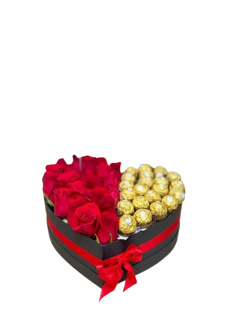 Corazón Negro de 24 Rosas Rojas y 24 Chocolate Ferrero 1