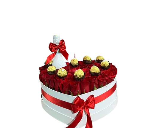 Corazón Blanco de 24 Rosas Rojas Chocolates Champaña Jp 200 Ml
