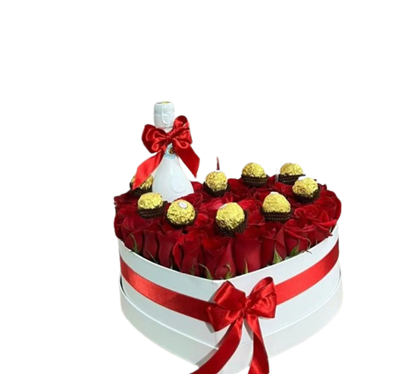 Corazón Blanco de 24 Rosas Rojas Chocolates Champaña Jp 200 Ml 1