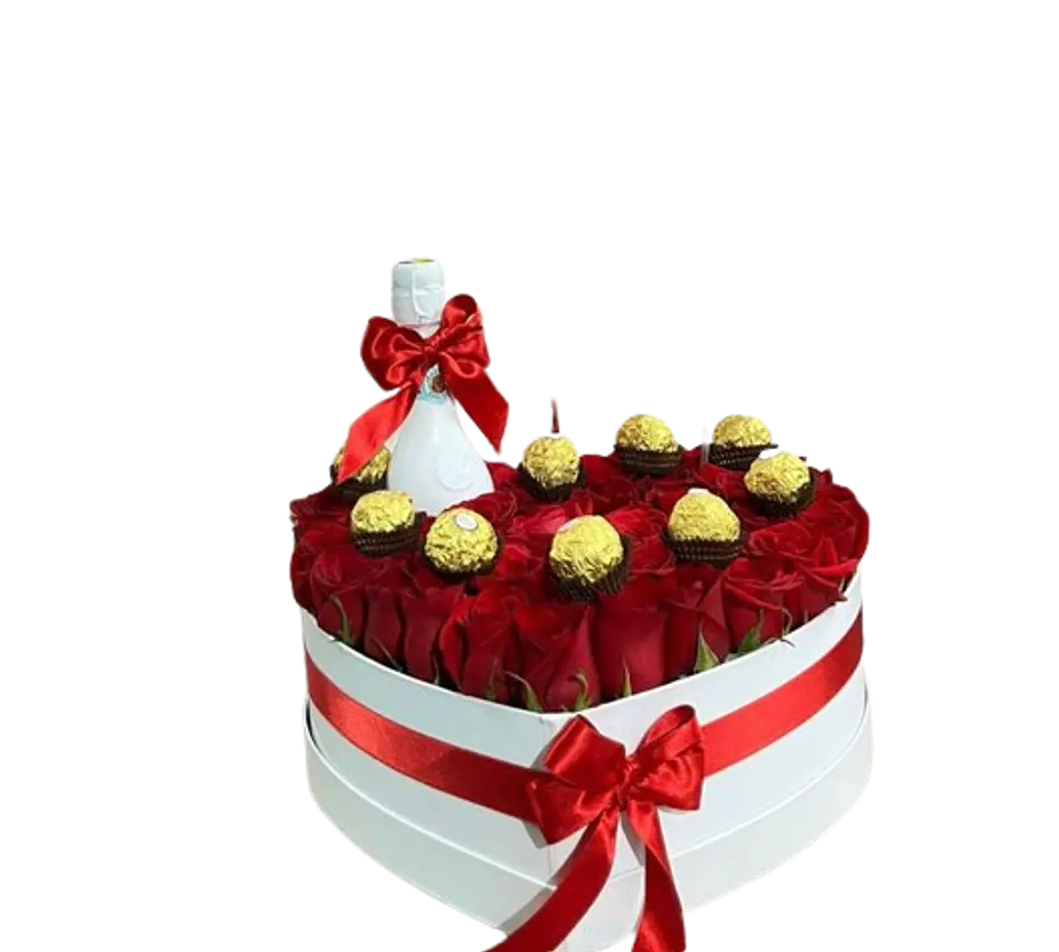 Corazón Blanco de 24 Rosas Rojas Chocolates Champaña Jp 200 Ml 1