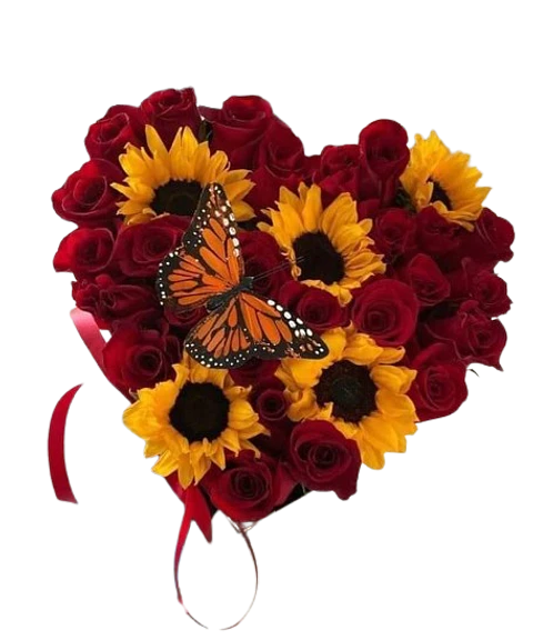 Corazón de 24 Rosas Rojas y 5 Girasoles