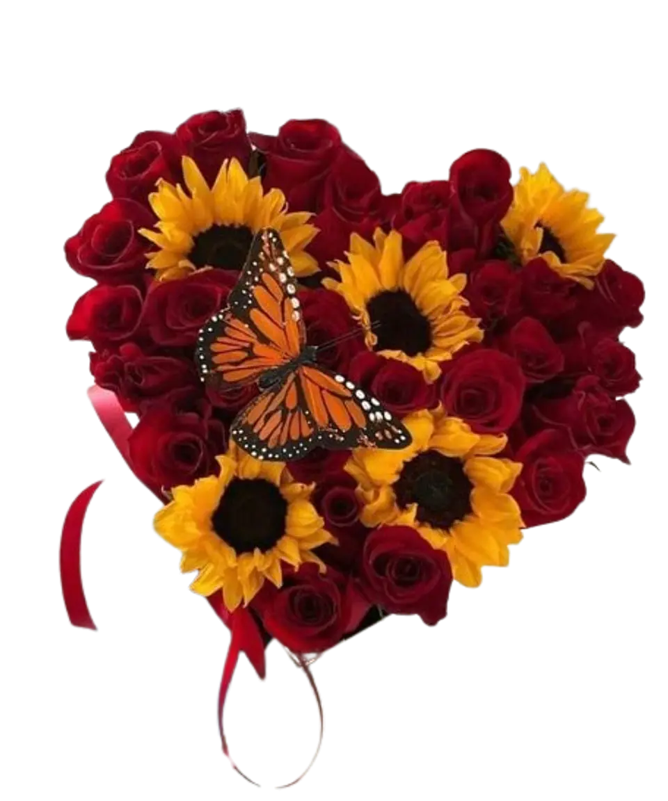 Corazón de 24 Rosas Rojas y 5 Girasoles 1