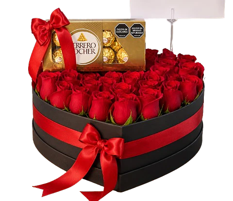 Caja Corazón Negra con 48 Rosas Rojas y 8 Chocolates Ferrero Rocher