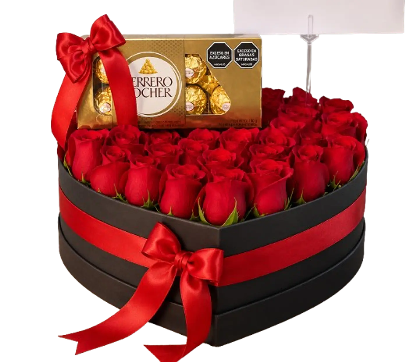 Caja Corazón Negra con 48 Rosas Rojas y 8 Chocolates Ferrero Rocher 1