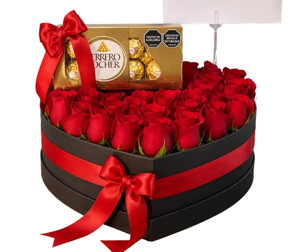 Caja Corazón Negra con 48 Rosas Rojas y 8 Chocolates Ferrero Rocher 1