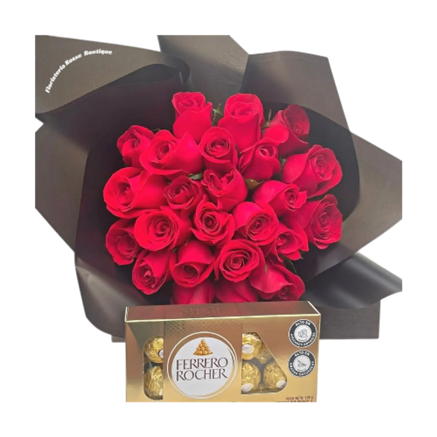 Bouquet de 24 Rosas Rojas con Chocolatex8 en Papel Coreano Negro 1