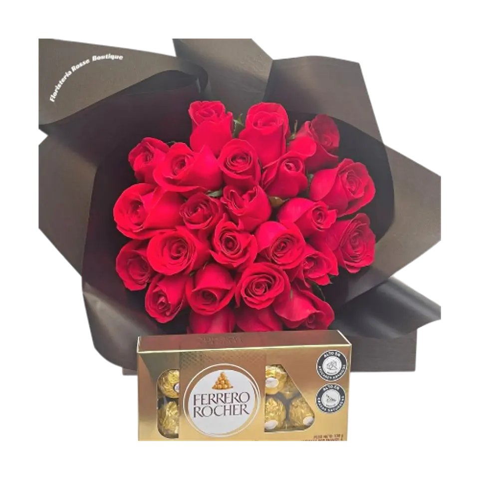 Bouquet de 24 Rosas Rojas con Chocolatex8 en Papel Coreano Negro 1