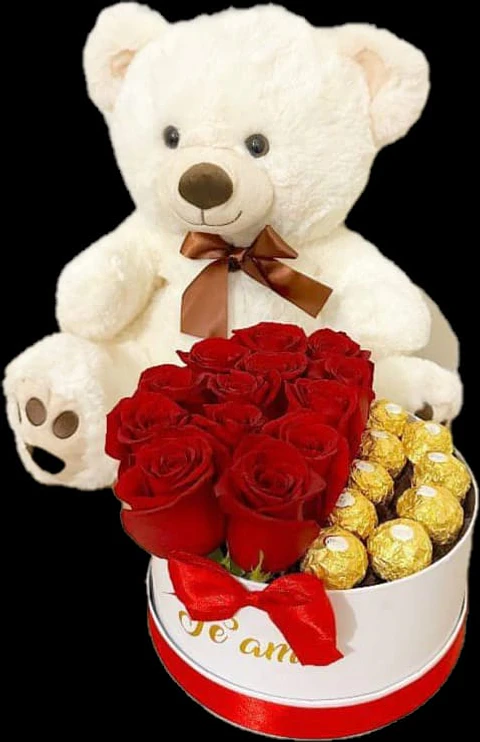 Caja de 12 Rosas y 9 Chocolates con Peluche