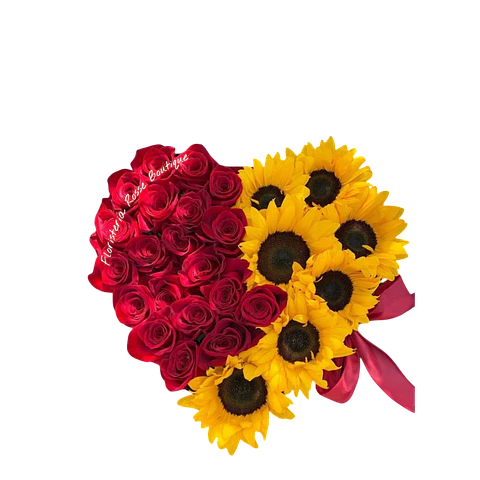 Caja Corazón de 7 Girasoles y 24 Rosas Rojas