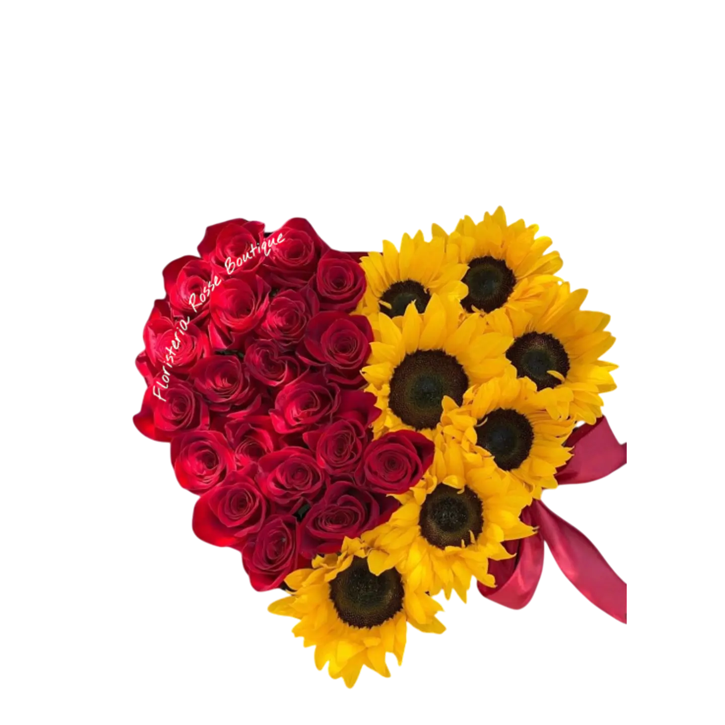 Caja Corazón de 7 Girasoles y 24 Rosas Rojas 1