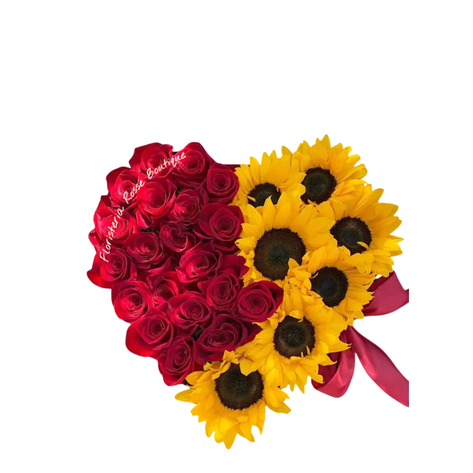 Caja Corazón de 7 Girasoles y 24 Rosas Rojas 1
