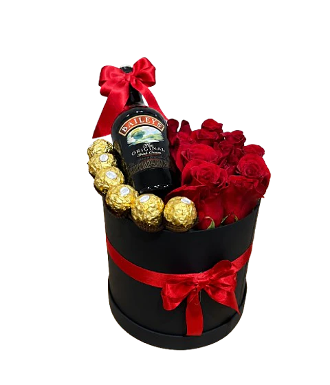 Cilindro de 12 Rosas Rojas con 6 Chocolates Crema de Whisky 375 Ml